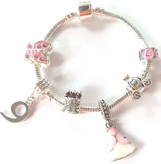 Chamm Bracelets with adjustable sizesPink Princess 9th Birthday Girls Gift - Silver Plated Charm Bracelet