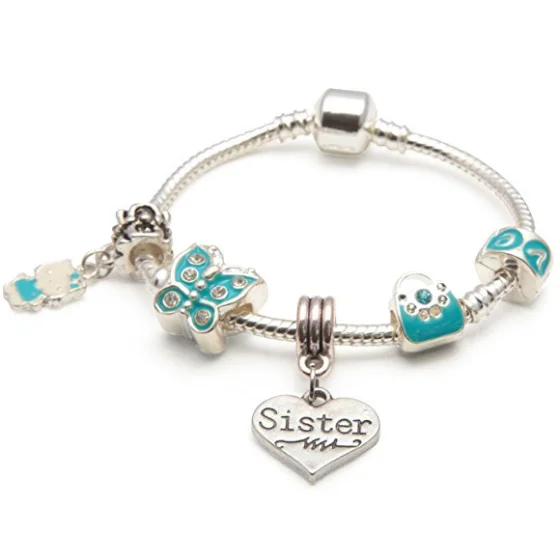 Personalized Chamm BraceletsChildren's Sister 'Blue Butterfly' Silver Plated Charm Bead Bracelet