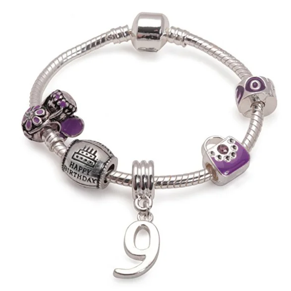 Chamm Bracelets for everyday wearChildren's Purple 'Happy 9th Birthday' Silver Plated Charm Bead Bracelet