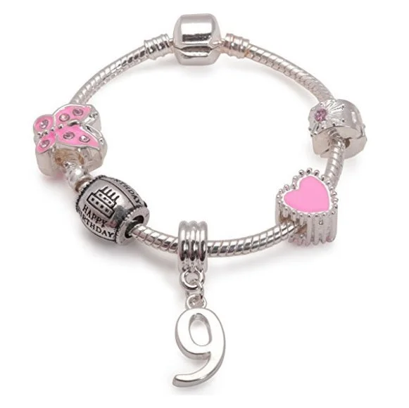 Chamm Bracelets for spiritual healingChildren's Pink 'Happy 9th Birthday' Silver Plated Charm Bead Bracelet