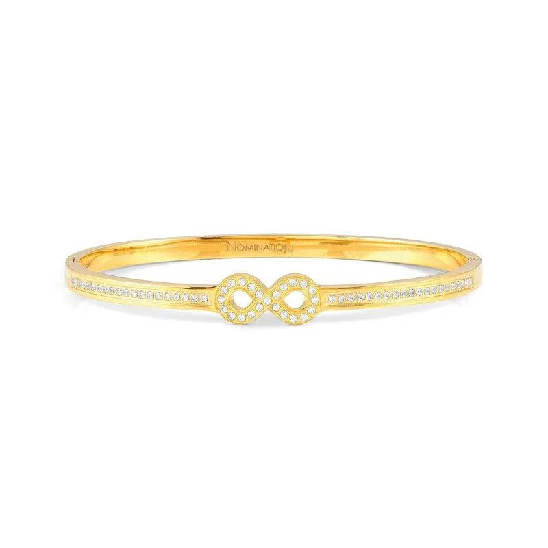 Solid Gold Bangles with Intricate Floral Engravings for a Luxurious LookNomination Pretty Bangle, Infinity, Cubic Zirconia, Yellow PVD, Stainless Steel