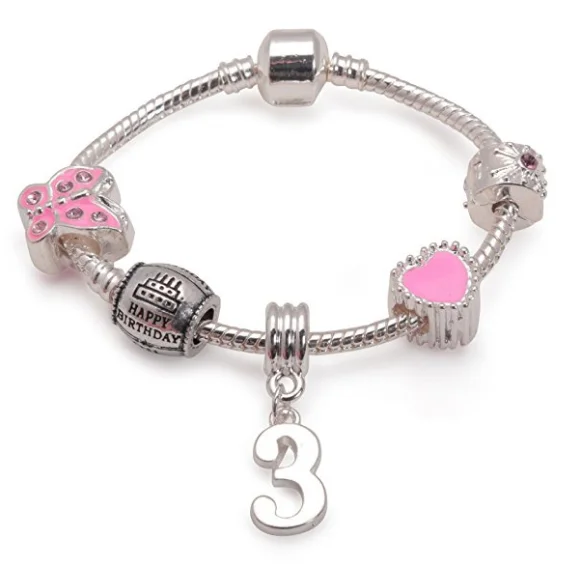 Chamm Bracelets with adjustable sizesChildren's Pink 'Happy 3rd Birthday' Silver Plated Charm Bead Bracelet