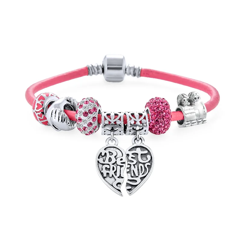 Chamm Bracelets with positive energy2 Piece Best Friend Heart Charm Bracelet Pink Leather & Silver Clasp 6.5-8.5In