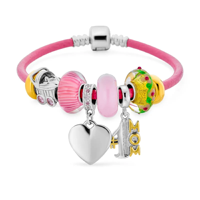 Custom Chamm BraceletsWord #1 MOM Heart Beads Charm Bracelet Sterling Silver Pink Leather 6.5-8.5 Inch