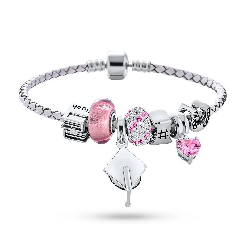 Custom Chamm BraceletsGraduation Cap Charm Bracelet with Crystal Beads and Sterling Silver Clasp