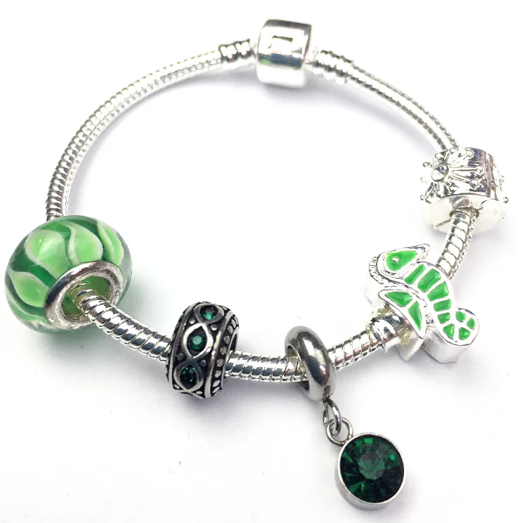 Affordable Chamm BraceletsChildren's 'May Birthstone' Emerald Coloured Crystal Silver Plated Charm Bead Bracelet