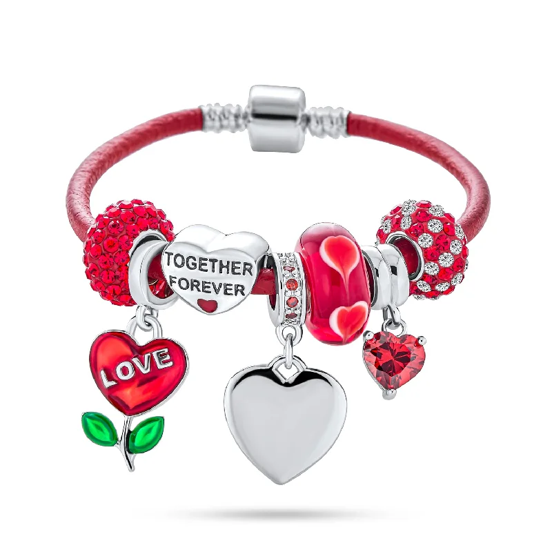 Chamm Bracelets with unique designsInitials Love Heart Charm Bracelet with Genuine Red Leather and Sterling Silver Clasp