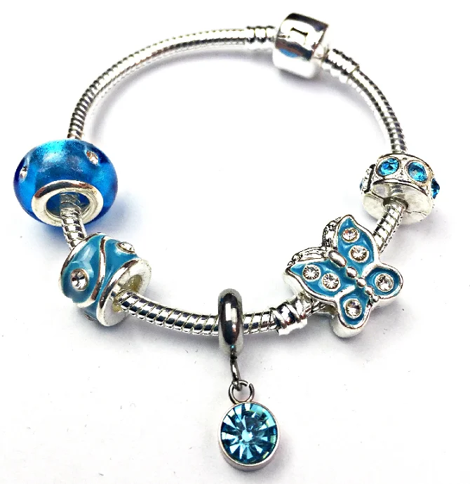 Chamm Bracelets with gemstonesChildren's 'December Birthstone' Turquoise Coloured Crystal Silver Plated Charm Bead Bracelet