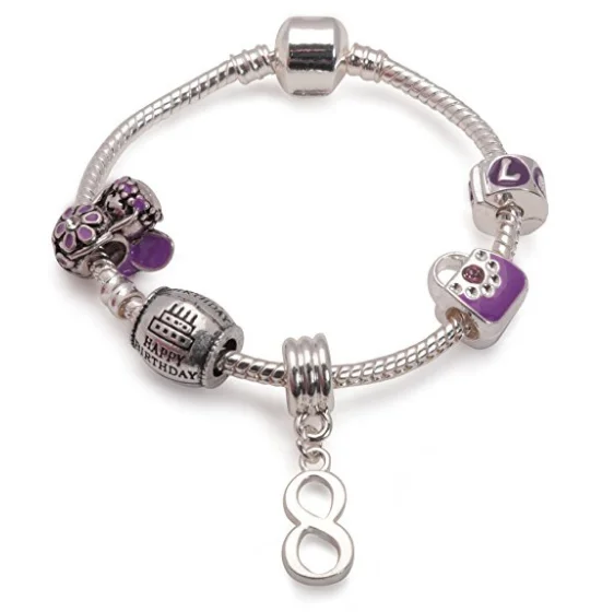 Chamm Bracelets with natural materialsChildren's Purple 'Happy 8th Birthday' Silver Plated Charm Bead Bracelet