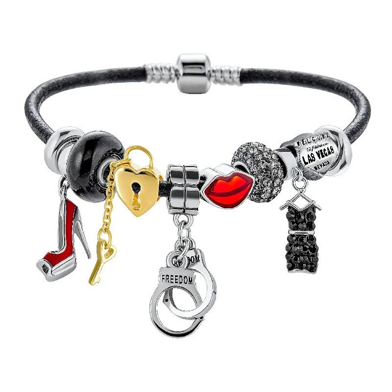 Chamm Bracelets with unique designsHot Wife Partners in Crime Heart Charm Bracelet Black Leather Sterling Silver 6.5-8"