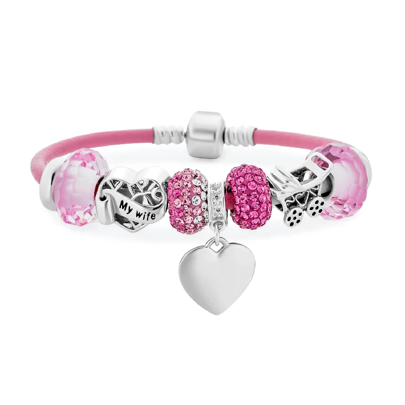 Chamm Bracelets for mindfulnessMy Wife Heart Charm Bracelet Pink Leather Sterling Silver Beads 6.5-8.5 Inch