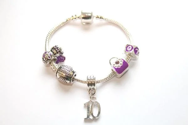 Chamm Bracelets for mindfulnessChildren's Purple 'Happy 10th Birthday' Silver Plated Charm Bead Bracelet