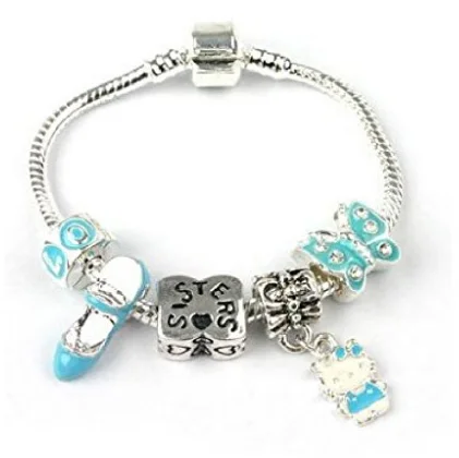 Chamm Bracelets for gift ideasChildren's Sisters 'Blue Kitty Cat' Silver Plated Charm Bead Bracelet