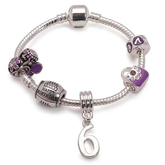 Luxury Chamm BraceletsChildren's Purple 'Happy 6th Birthday' Silver Plated Charm Bead Bracelet