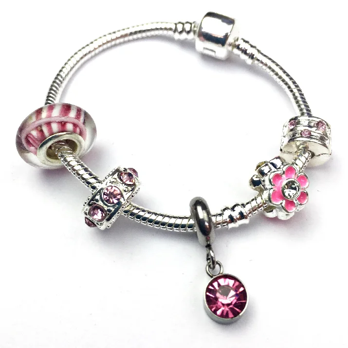 Luxury Chamm BraceletsChildren's 'October Birthstone' Rose Coloured Crystal Silver Plated Charm Bead Bracelet