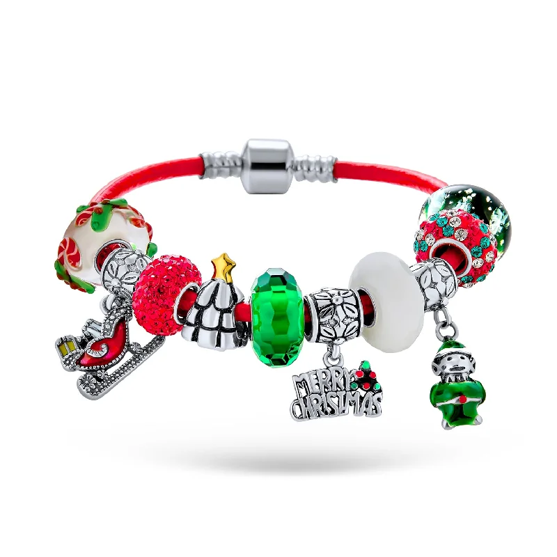 Personalized Chamm BraceletsMerry Christmas Tree Elf Sleigh Candy Cane Beads Multi Charm Bracelet Red Leather