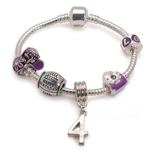 Personalized Chamm BraceletsChildren's Purple 'Happy 4th Birthday' Silver Plated Charm Bead Bracelet