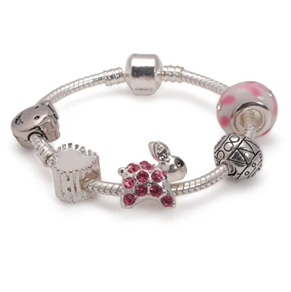 Handmade Chamm BraceletsChildren's Pink Easter 'Bunny Dream' Silver Plated Charm Bead Bracelet