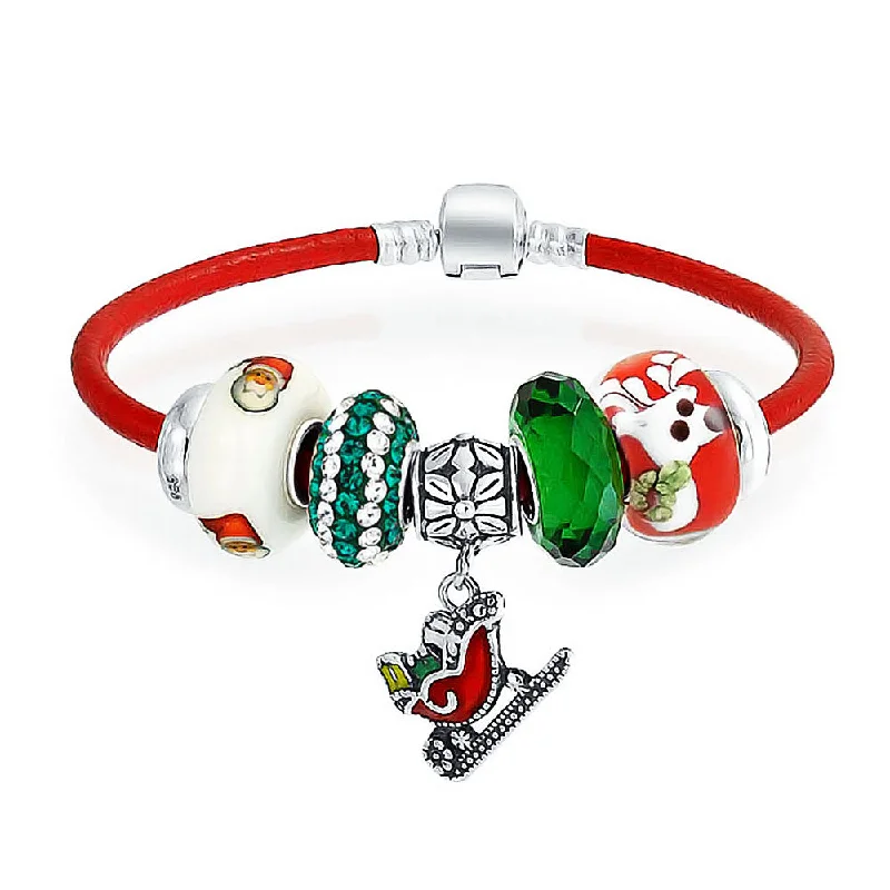 Handmade Chamm BraceletsChristmas Santa Sleigh Charm Bracelet Red Leather with Sterling Silver Clasp