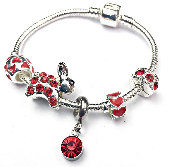 Handmade Chamm BraceletsChildren's 'January Birthstone' Red Garnet Coloured Crystal Silver Plated Charm Bead Bracelet