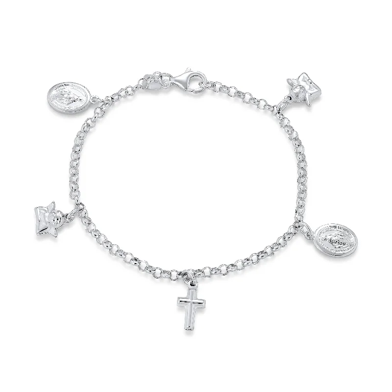 Chamm Bracelets for everyday wearMulti Charm Religious Anklet Ankle Bracelet Sterling Silver 10" with Crosses & Cherub