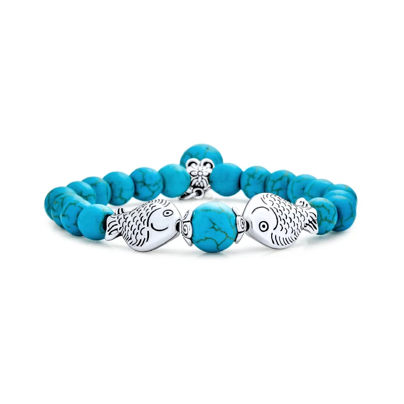 Chamm Bracelets for meditationNautical Blue Turquoise Pisces Charm Stretch Bracelet with Silver Plated Beads