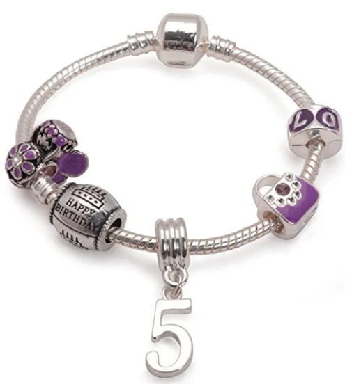 Handmade Chamm BraceletsChildren's Purple 'Happy 5th Birthday' Silver Plated Charm Bead Bracelet