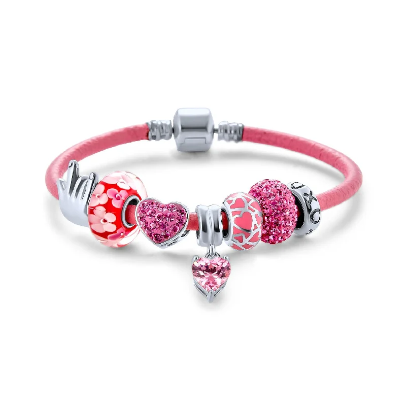 Affordable Chamm BraceletsI LOVE YOU Hand Sign Heart Beads Multi Charm Bracelet Sterling Silver 6.5-9 Inch