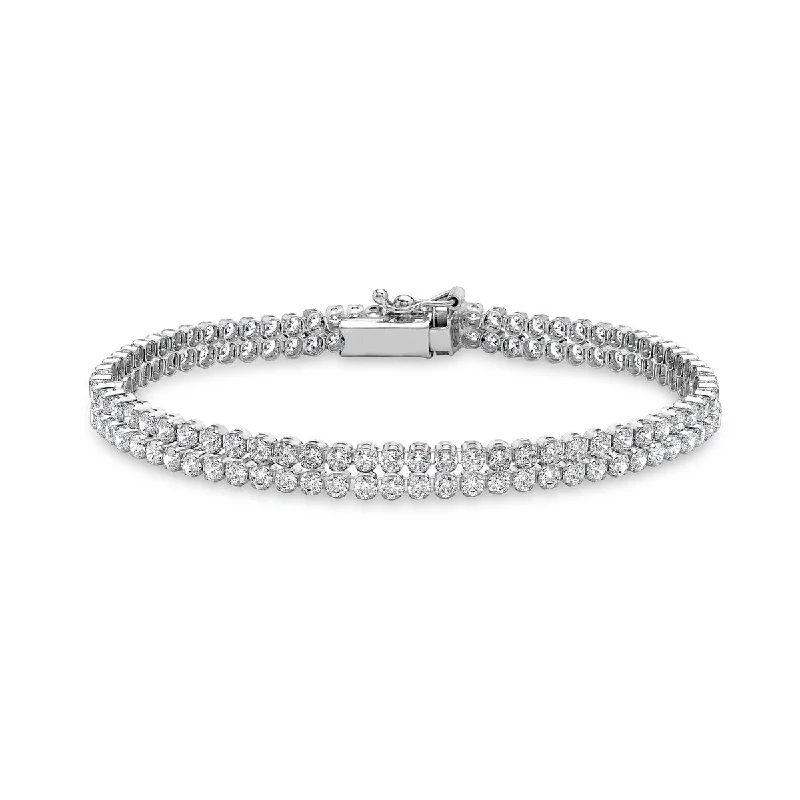 Pearl - Adorned Bangle Bracelets with Delicate Silver Chains9K White Gold 2 CZ Row Bracelet/ 7"