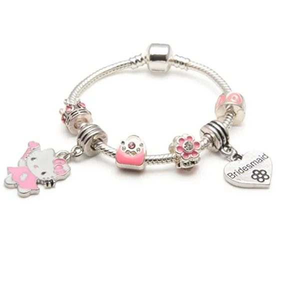 Handmade Chamm BraceletsChildren's Bridesmaid 'Pink Kitty Cat Glamour' Silver Plated Charm Bead Bracelet