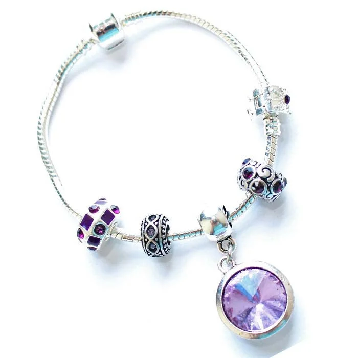 Children's 'June Birthstone' Amethyst Colored Crystal Silver Plated Charm Bead Bracelet