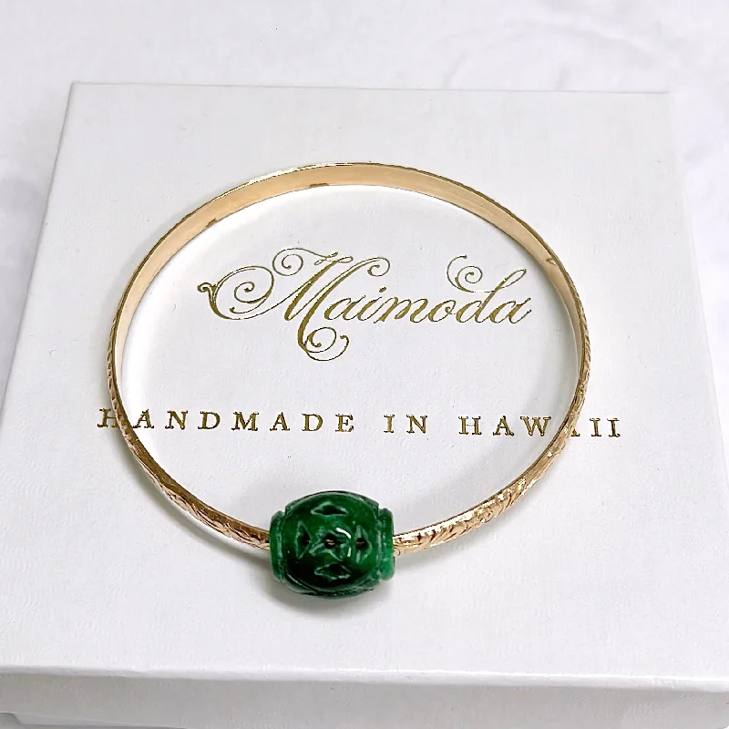 Vintage - Inspired Bangle Bracelets with Filigree and Rhinestone AccentsBangle ALII - Barrel shaped jade bead (B568)