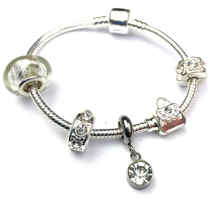 Custom Chamm BraceletsChildren's 'April Birthstone' Diamond Coloured Crystal Silver Plated Charm Bead Bracelet