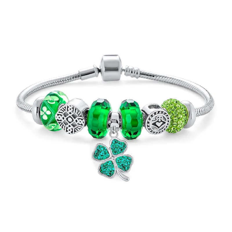 Chamm Bracelets for mindfulnessIrish Celtic Knot Charm Bracelet with Green Shamrock and Claddagh Beads Sterling Silver