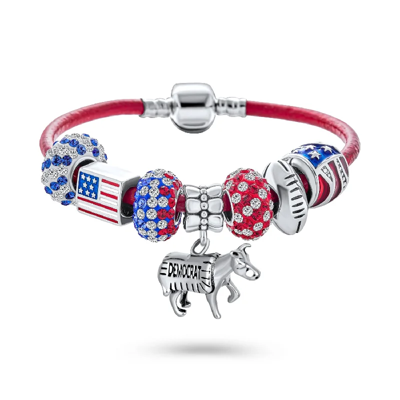 Chamm Bracelets for spiritual healingPatriotic USA Charm Bracelet with GOP Elephant & Democrat Donkey Beads Red Leather