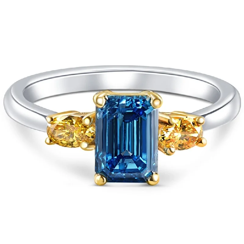 Blue Topaz - Embellished Wedding Bands in Silver for a Birthstone - Inspired and Colorful Piece1 1/4Ct Fancy Blue & Yellow Diamond Engagement Three Stone Emerald Ring Gold