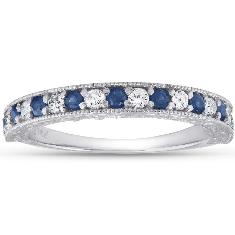 Adjustable - Fit Wedding Bands in Gold - Plated Metal for a Comfortable and Custom - Fitting Option1/2Ct Blue Sapphire & Diamond Wedding Ring Anniversary Stackable Band White Gold