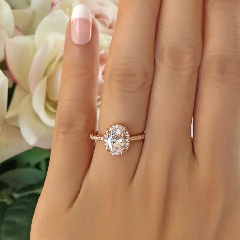 Marquise Cut Engagement Rings with a Channel - Set Diamond Band1.5 ctw Oval Halo Ring - Rose GP, 50% Final Sale