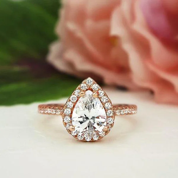 Princess Cut Engagement Rings in 18K White Gold with Micro - Pave Side Stones1.5 ctw Pear Halo Ring - 10k Solid Rose Gold, Sz 5-6