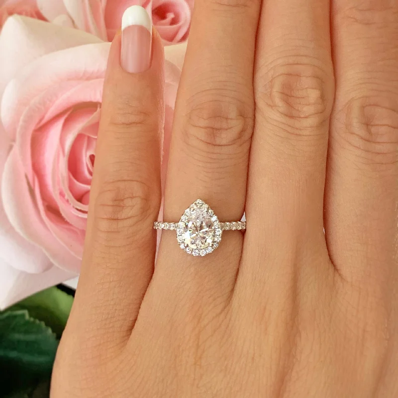 Pear - Shaped Engagement Rings in Yellow Gold with a Diamond - Encrusted Band1.5 ctw Pear Halo Ring - 10k Solid White Gold, Sz 7 or 9