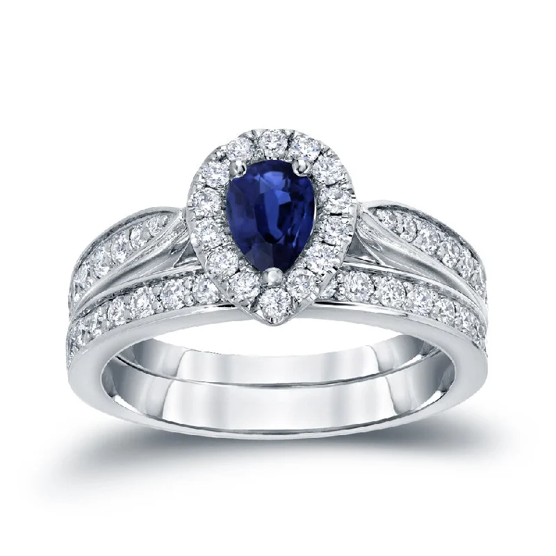 Princess Cut Engagement Rings in 18K White Gold with Micro - Pave Side Stones14k Gold 1/2ct Pear Shaped Sapphire and 1/2ct TDW Halo Diamond Engagement Ring Set by Auriya