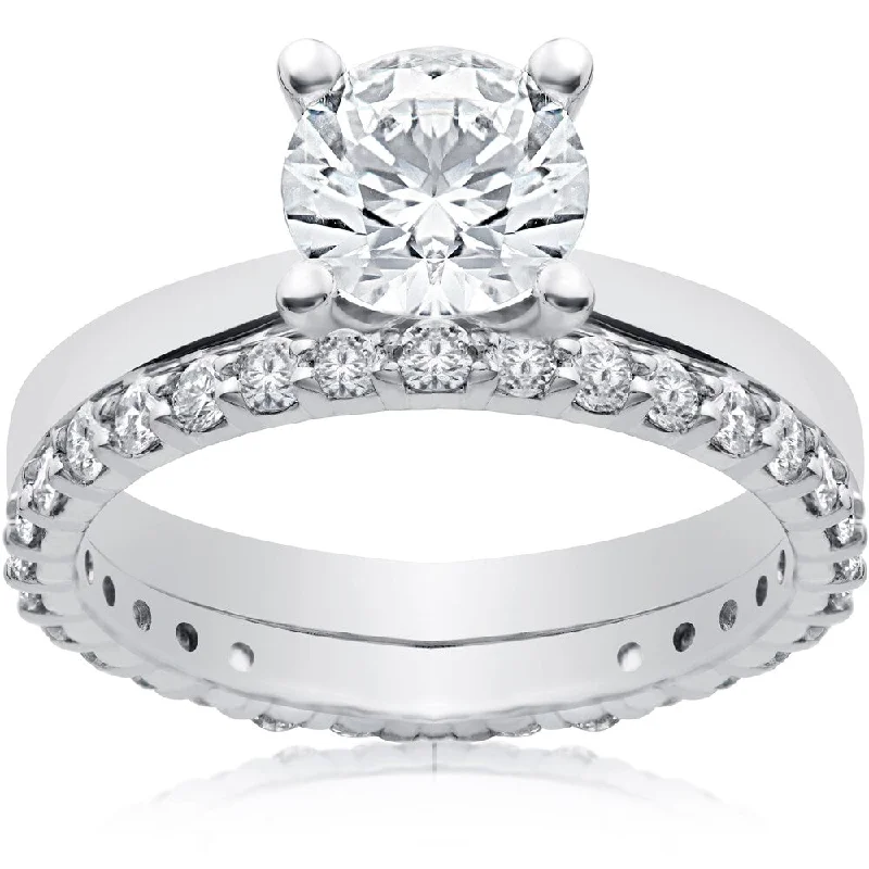 18K White Gold Classic Round - Cut Diamond Wedding Bands for a Timeless and Elegant Look14k White 1 3/4 ct Lab Grown Eco Freindly Diamond Engagement Ring & Matching Eternity Band