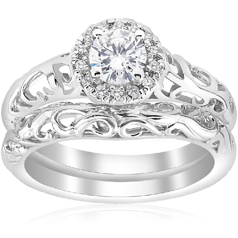 Platinum Celtic - Inspired Wedding Bands with Intricate Knotwork Patterns for a Symbolic and Stylish Choice14k White Gold 5/8ct TDW Diamond Halo Engagement Ring Matching Wedding Band Vintage Filigree Set (I-J,I2-I3)