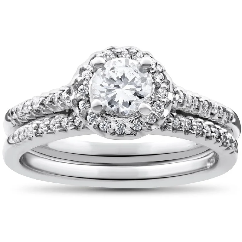 Laser - Etched Floral Design Wedding Bands in Palladium for a Delicate and Intricate Look14k White Gold 7/8ct Round Halo Diamond Engagement Matching Wedding Ring Set