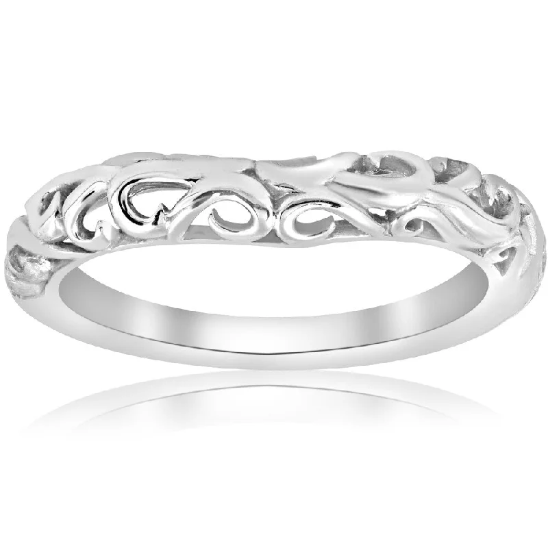 Laser - Etched Floral Design Wedding Bands in Palladium for a Delicate and Intricate Look14K White Gold Curved Vintage Womens Filigree Antique Filigree Ring Scroll Band