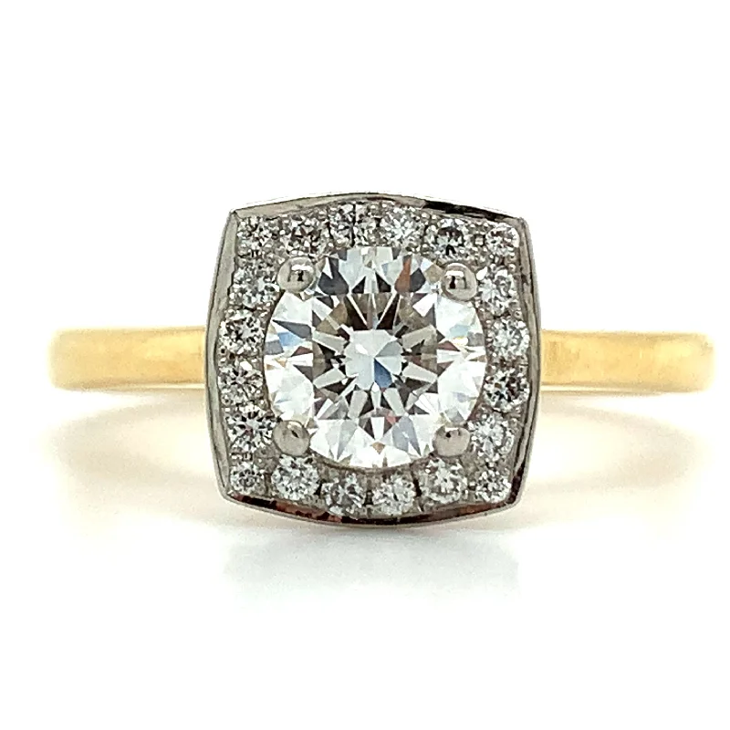 Cathedral - Style Engagement Rings with a Raised Center Stone and Intricate Metalwork18ct Yellow Gold 0.85ct Laboratory Grown Round Diamond Cushion Style Halo Engagement Ring