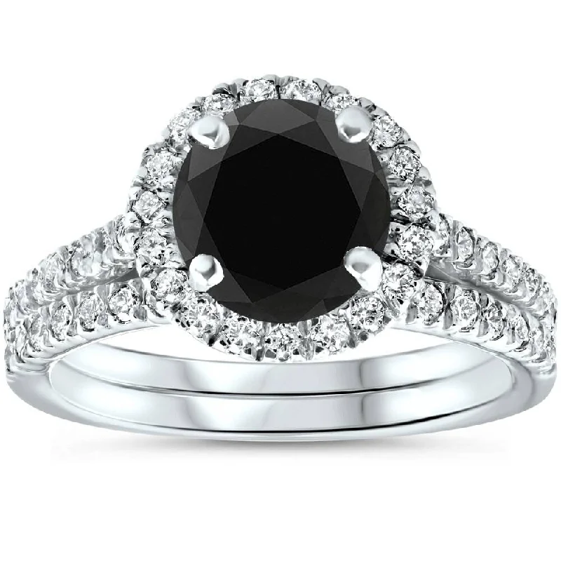 Art Deco - Inspired Wedding Bands with Geometric Patterns in Platinum for a Retro and Glamorous Style2 1/2 Ct Treated Black Diamond Halo Engagement Wedding Ring Set 14K White Gold