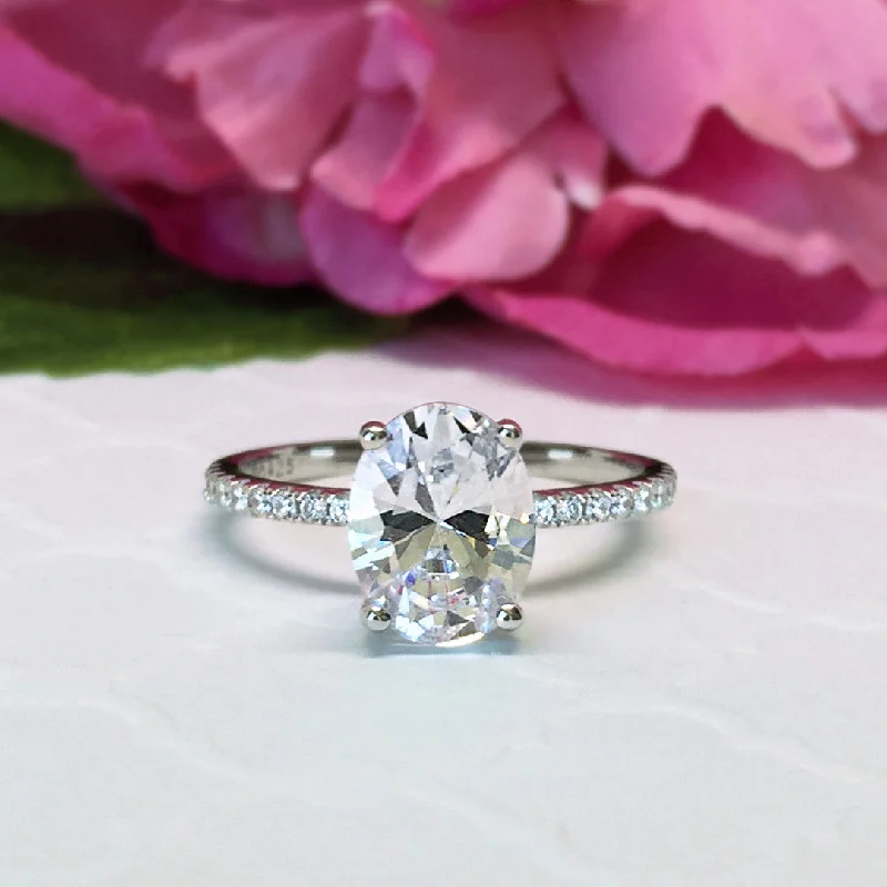 Marquise Cut Engagement Rings with a Channel - Set Diamond Band2.25 ctw Oval Accented Solitaire Ring - 10k Solid White Gold