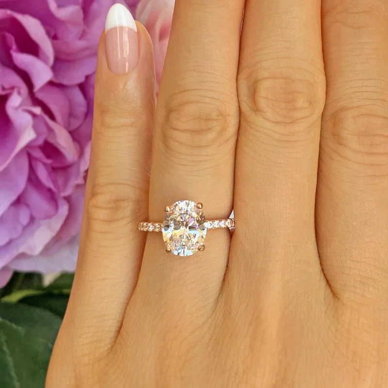 Classic Round Cut Engagement Rings with Platinum Prongs and Halo Setting for Timeless Elegance3.25 ctw Oval Accented Ring - 10k Solid Rose Gold, Sz 7.5