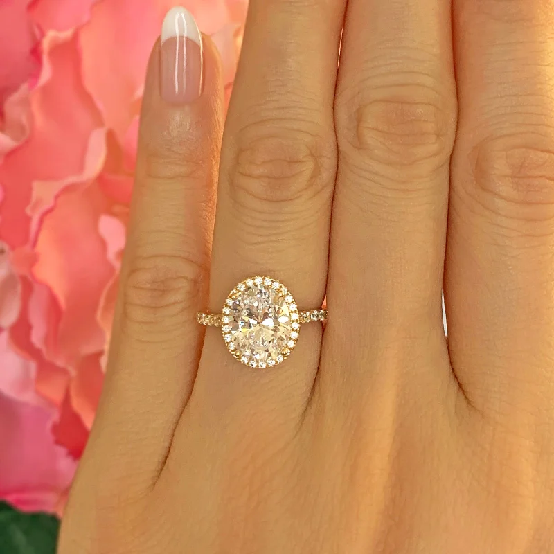 Vintage - Inspired Engagement Rings with Filigree Work and Emerald - Cut Center Stone3.25 ctw Oval Halo Ring - 10k Solid Yellow Gold, Sz 4